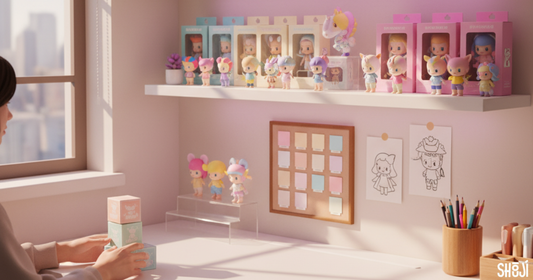 Creative studio desk with vinyl toys and sketches Shouji UK behind-the-scenes blog banner.