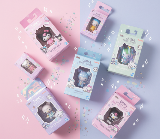Kawaii blind boxes arranged on pastel background featuring Pop Mart and Emma Secret Forest collectibles from Shouji UK