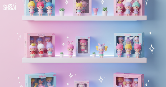 Top 10 vinyl toy collectibles arranged on pastel shelves – Shouji UK Blog Banner